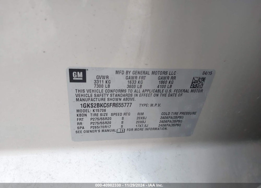 2015 GMC YUKON SLT VIN: 1GKS2BKC6FR655777