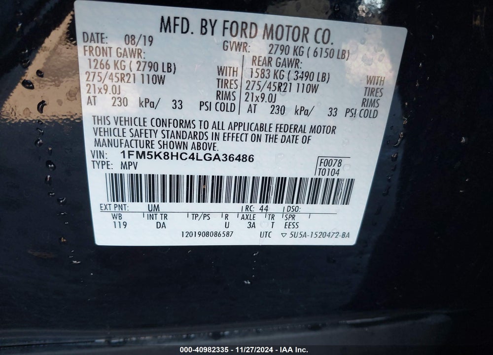 2020 FORD EXPLORER PLATINUM VIN: 1FM5K8HC4LGA36486