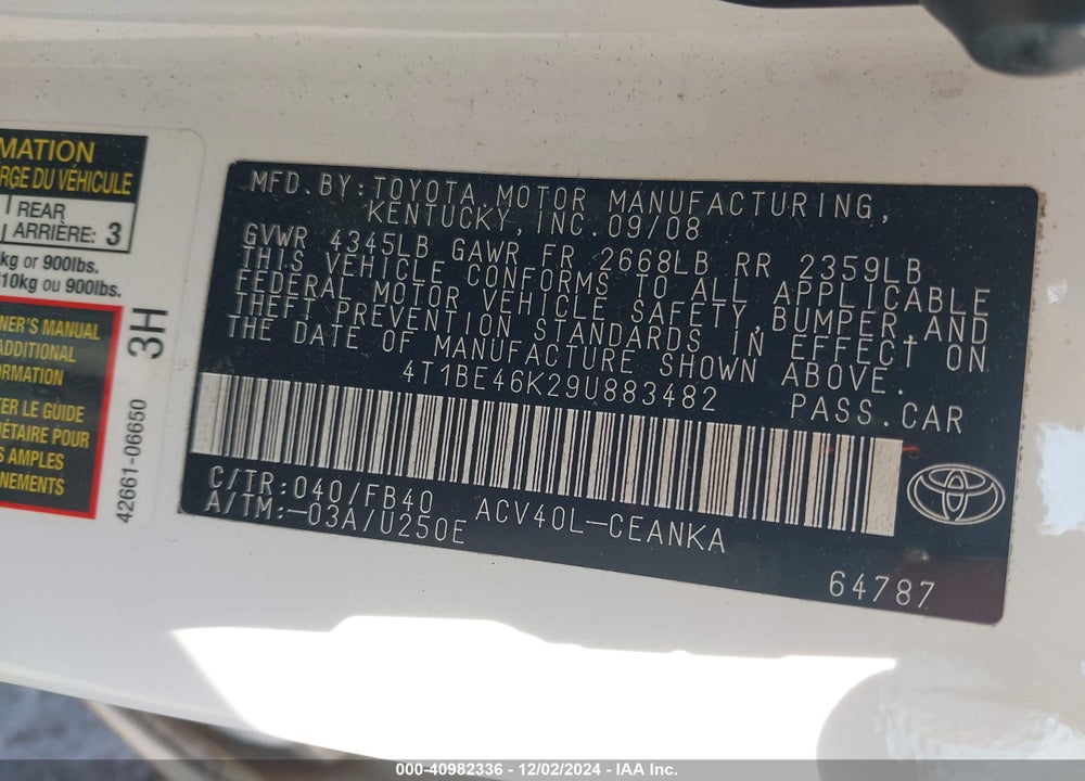 2009 TOYOTA CAMRY LE VIN: 4T1BE46K29U883482