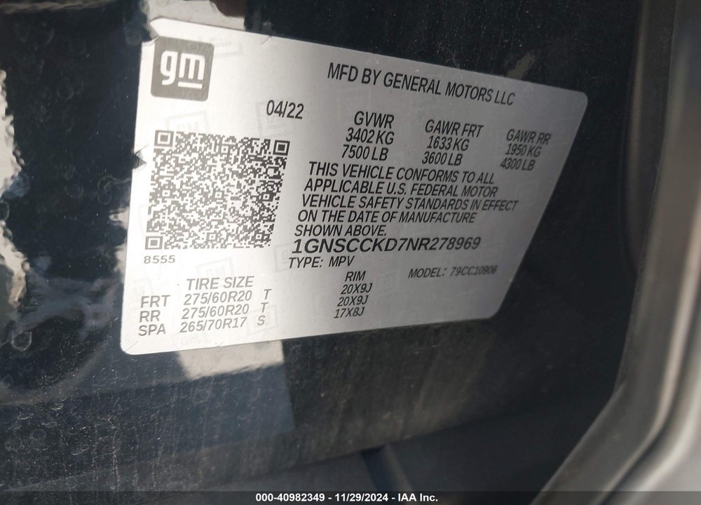 2022 CHEVROLET SUBURBAN 2WD LT VIN: 1GNSCCKD7NR278969