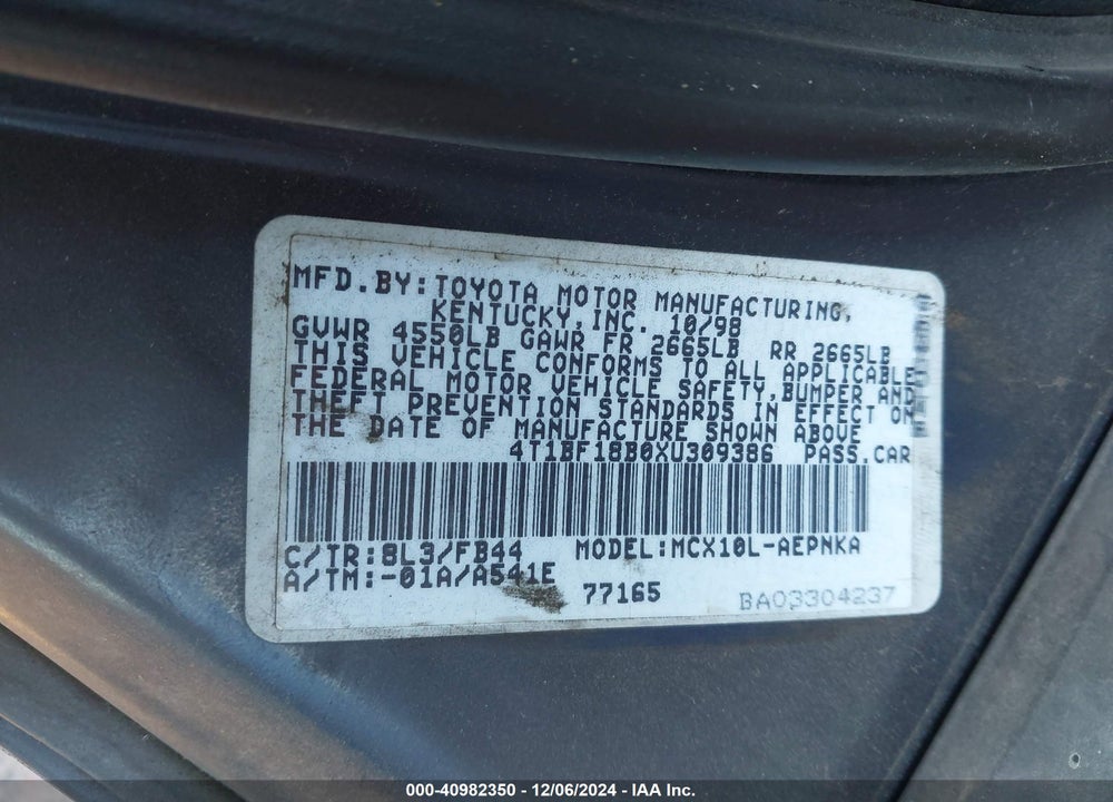 1999 TOYOTA AVALON XL VIN: 4T1BF18B0XU309386
