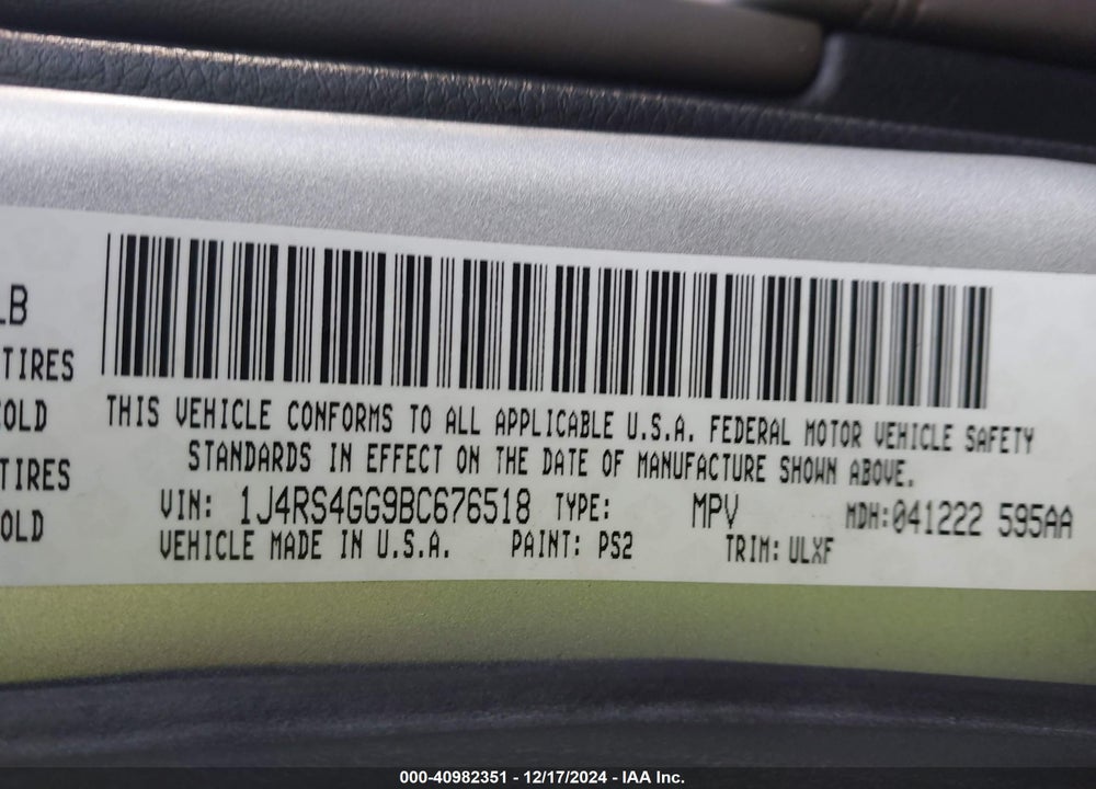 2011 JEEP GRAND CHEROKEE LAREDO VIN: 1J4RS4GG9BC676518