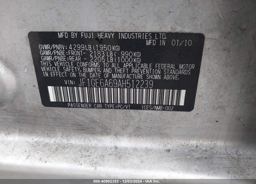 2010 SUBARU IMPREZA 2.5I VIN: JF1GE6A69AH512239