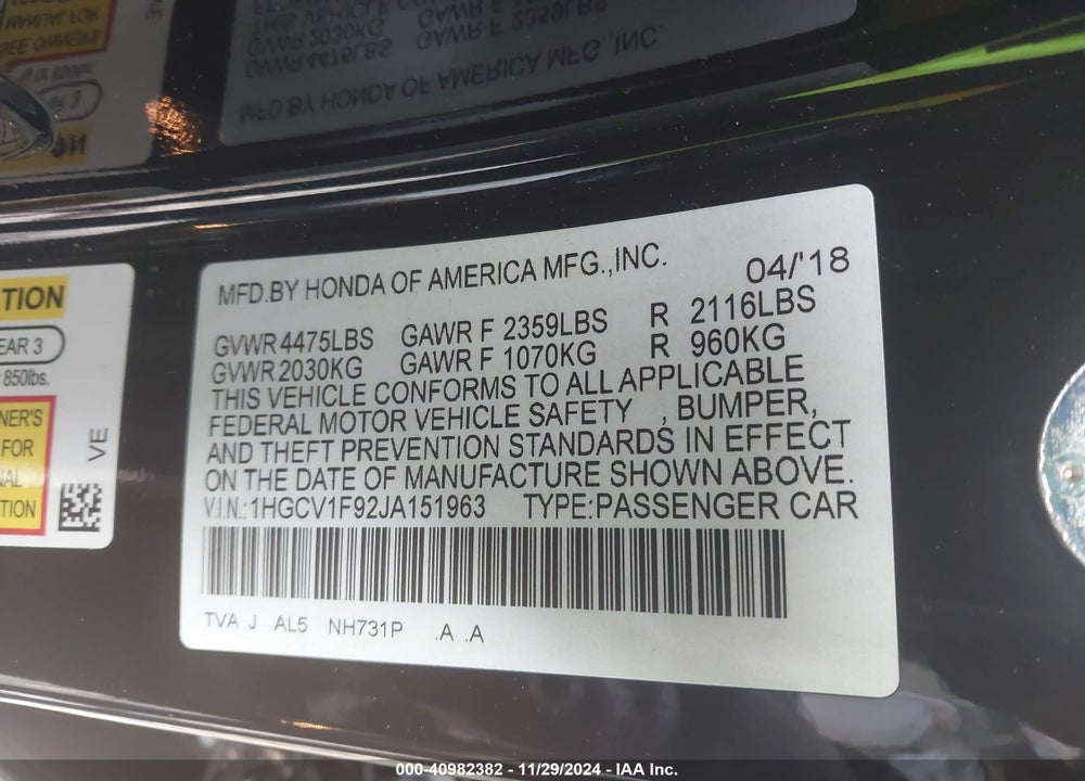 2018 HONDA ACCORD VIN: 1HGCV1F92JA151963