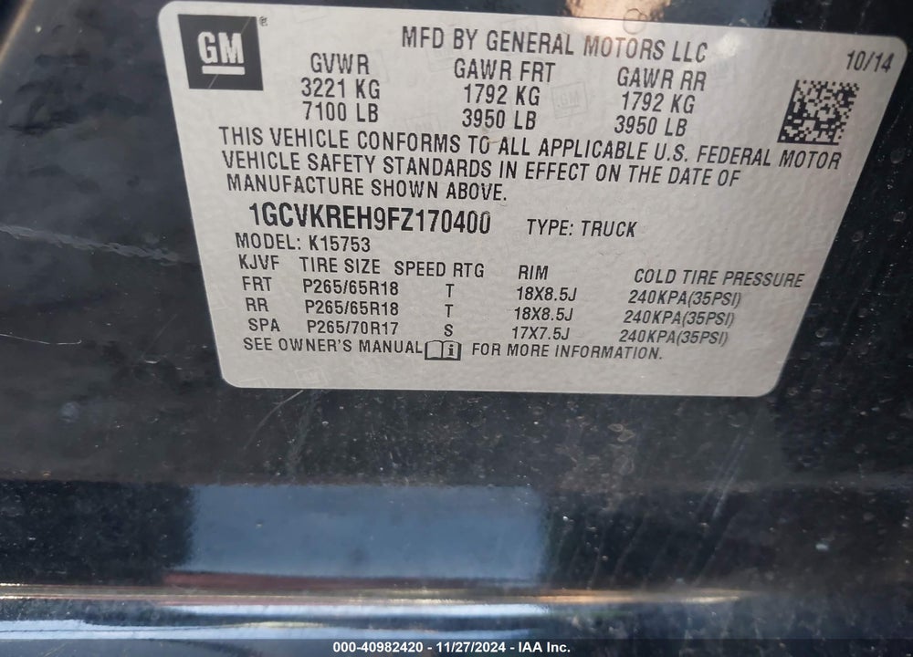2015 CHEVROLET SILVERADO 1500 2LT VIN: 1GCVKREH9FZ170400