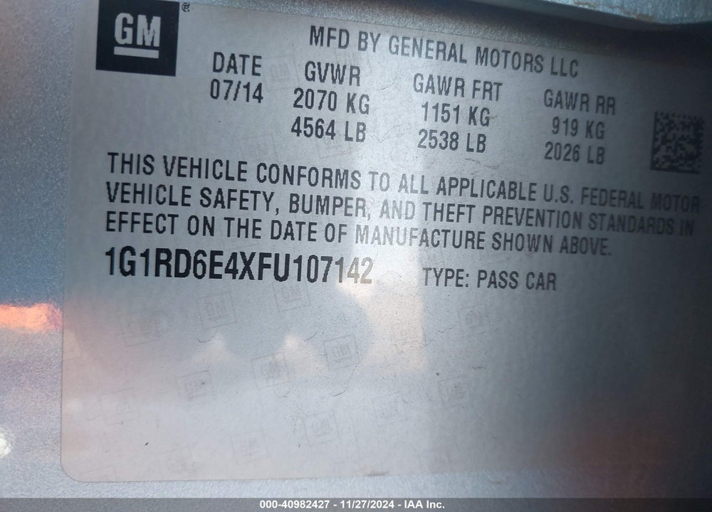 2015 CHEVROLET VOLT VIN: 1G1RD6E4XFU107142