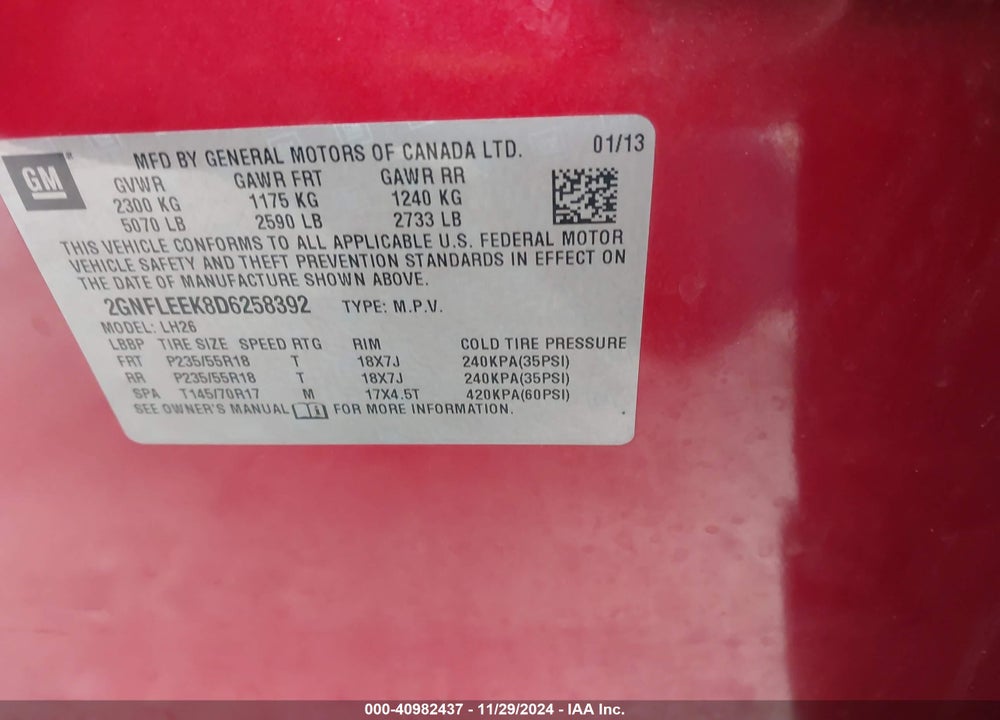2013 CHEVROLET EQUINOX 1LT VIN: 2GNFLEEK8D6258392