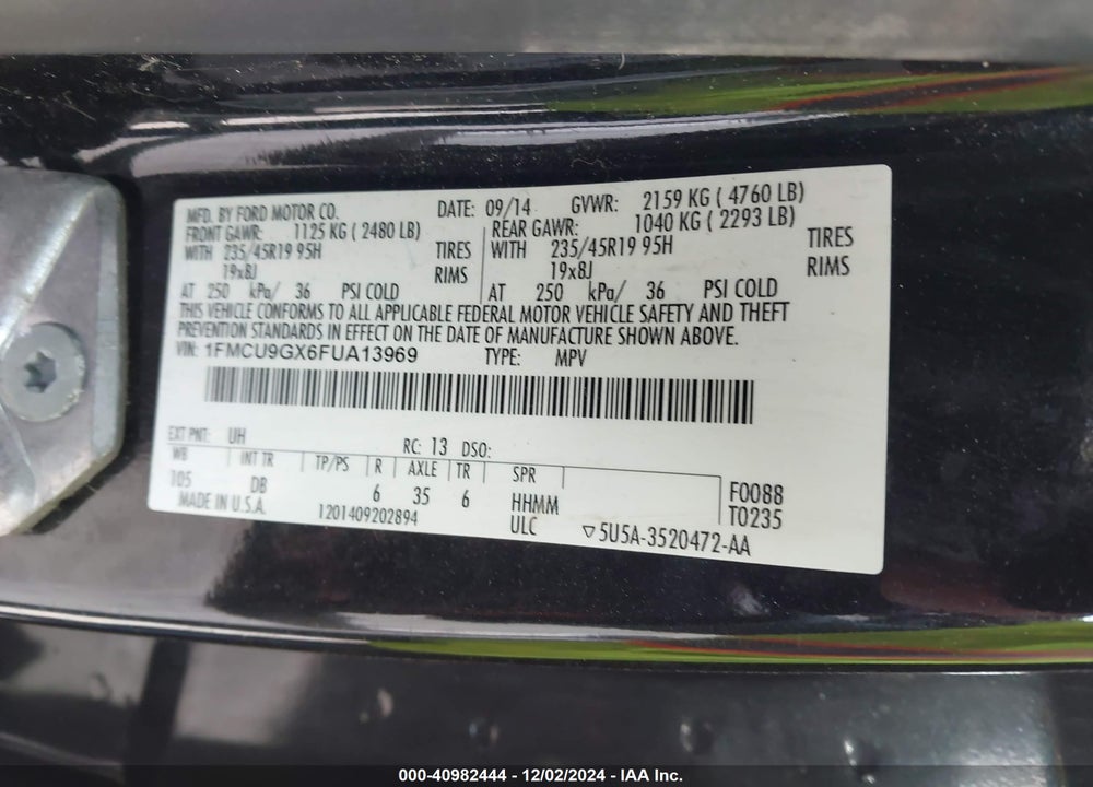 2015 FORD ESCAPE SE VIN: 1FMCU9GX6FUA13969