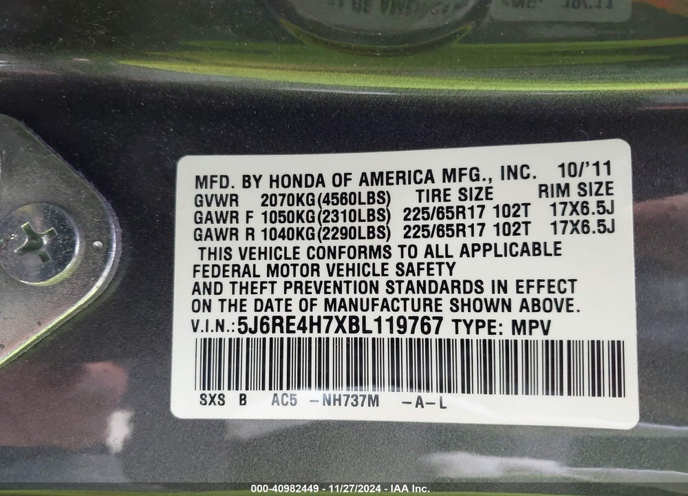 2011 HONDA CR-V EX-L VIN: 5J6RE4H7XBL119767