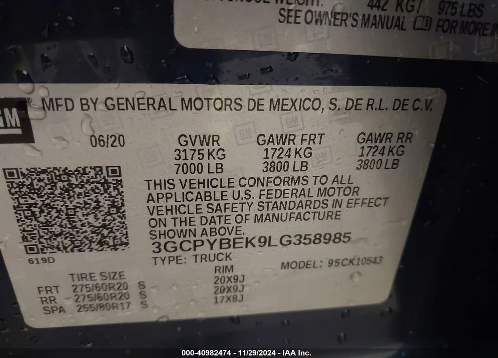 2020 CHEVROLET SILVERADO 1500 4WD SHORT BED CUSTOM VIN: 3GCPYBEK9LG358985