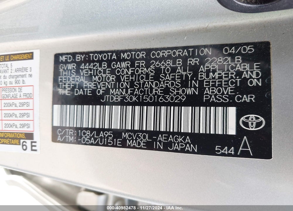 2005 TOYOTA CAMRY XLE V6 VIN: JTDBF30K150163029