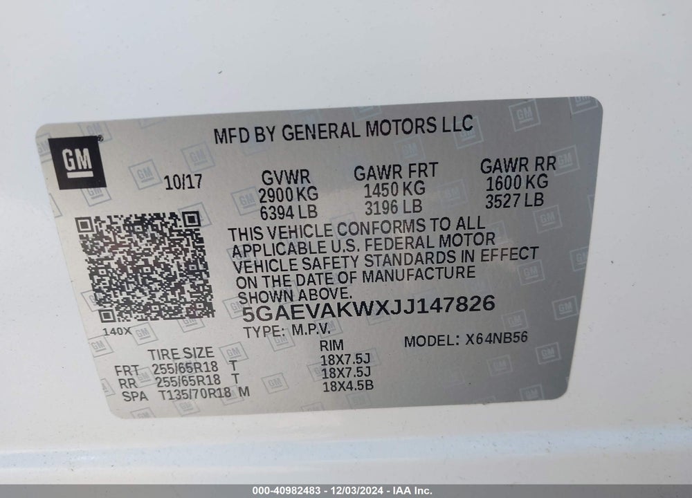 2018 BUICK ENCLAVE ESSENCE VIN: 5GAEVAKWXJJ147826