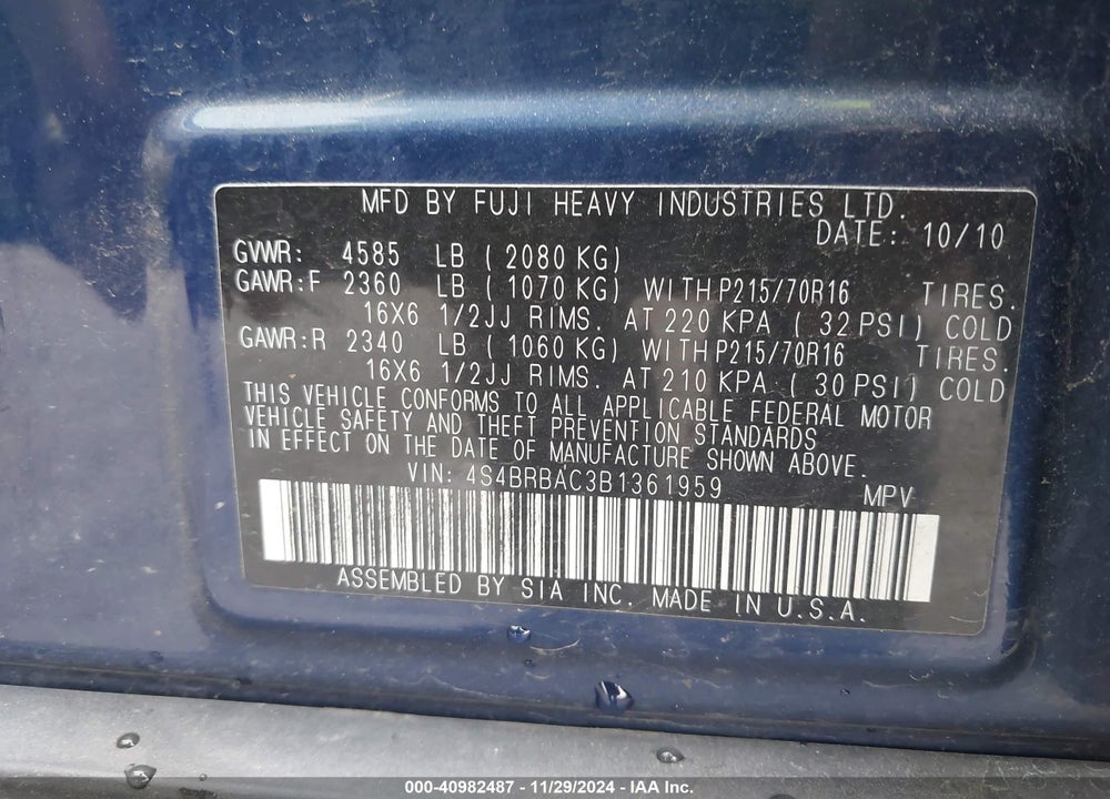 2011 SUBARU OUTBACK 2.5I VIN: 4S4BRBAC3B1361959
