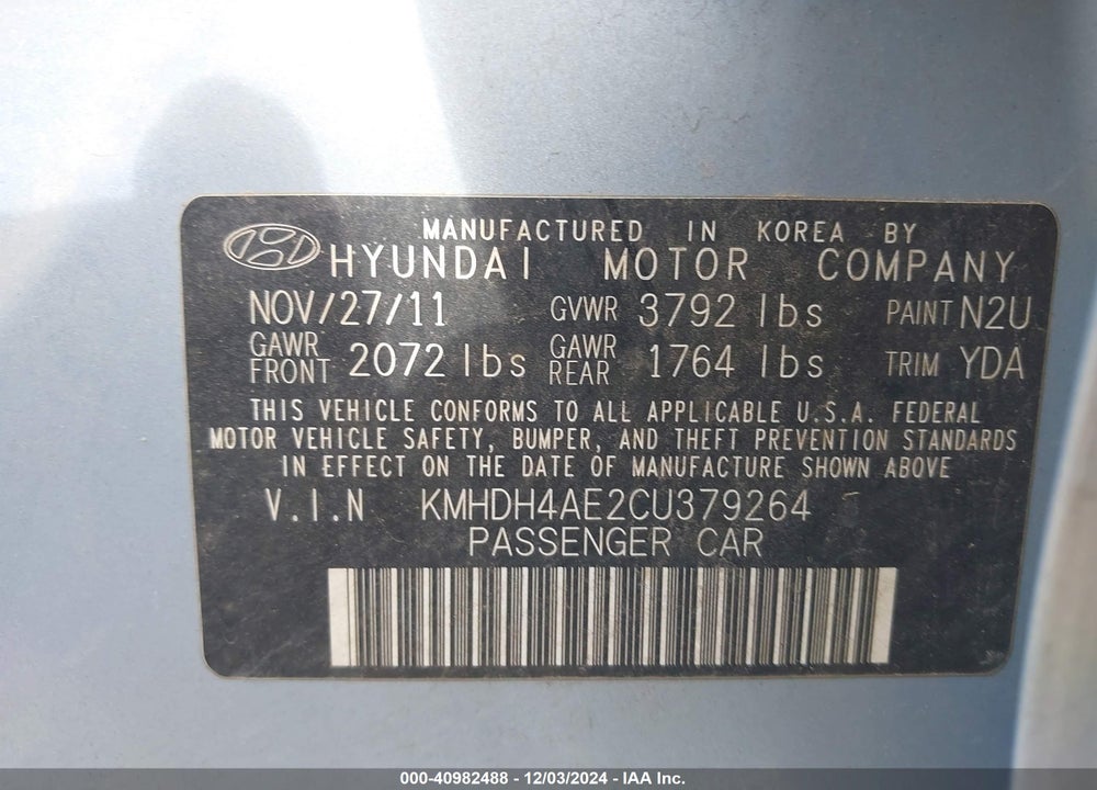 2012 HYUNDAI ELANTRA GLS (ULSAN PLANT) VIN: KMHDH4AE2CU379264