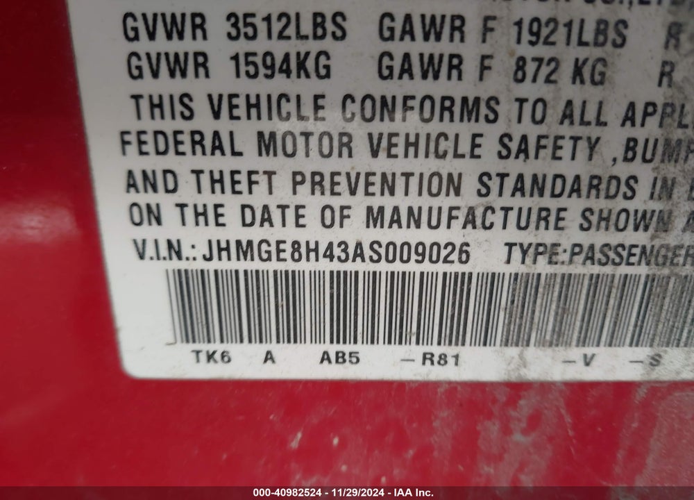 2010 HONDA FIT SPORT VIN: JHMGE8H43AS009026