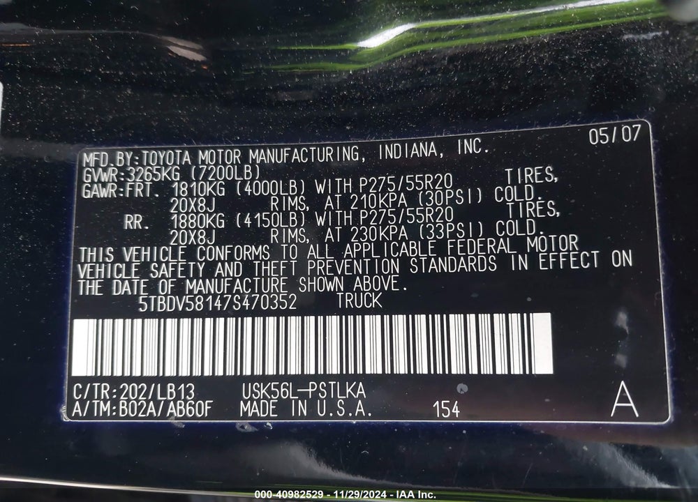 2007 TOYOTA TUNDRA VIN: 5TBDV58147S470352