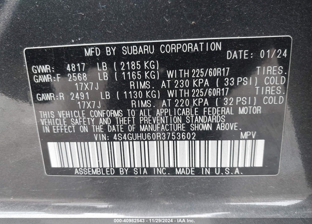 2024 SUBARU CROSSTREK WILDERNESS VIN: 4S4GUHU60R3753602