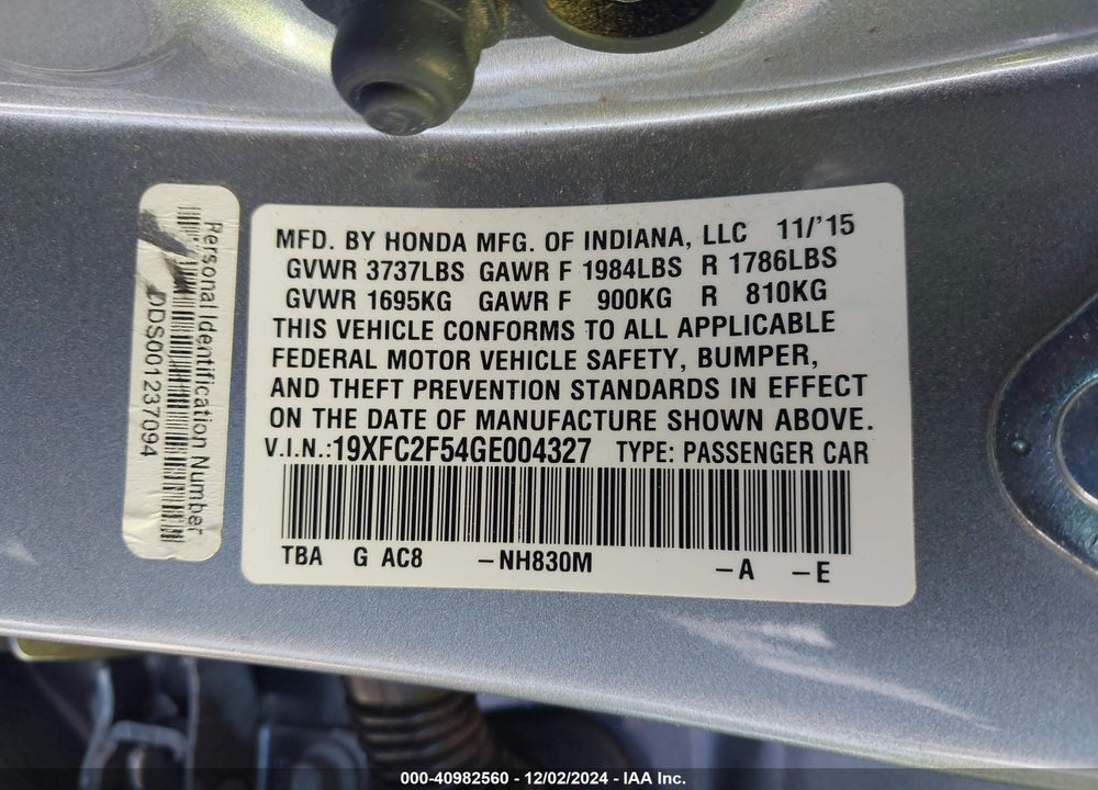 2016 HONDA CIVIC VIN: 19XFC2F54GE004327