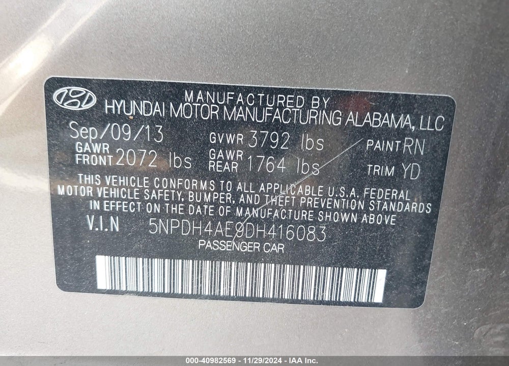 2013 HYUNDAI ELANTRA GLS VIN: 5NPDH4AE9DH416083