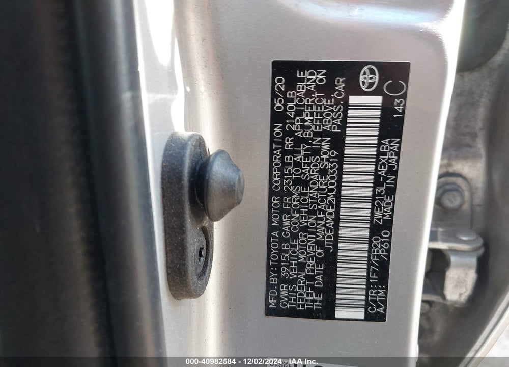 2021 TOYOTA COROLLA HYBRID LE VIN: JTDEAMDE2MJ003319