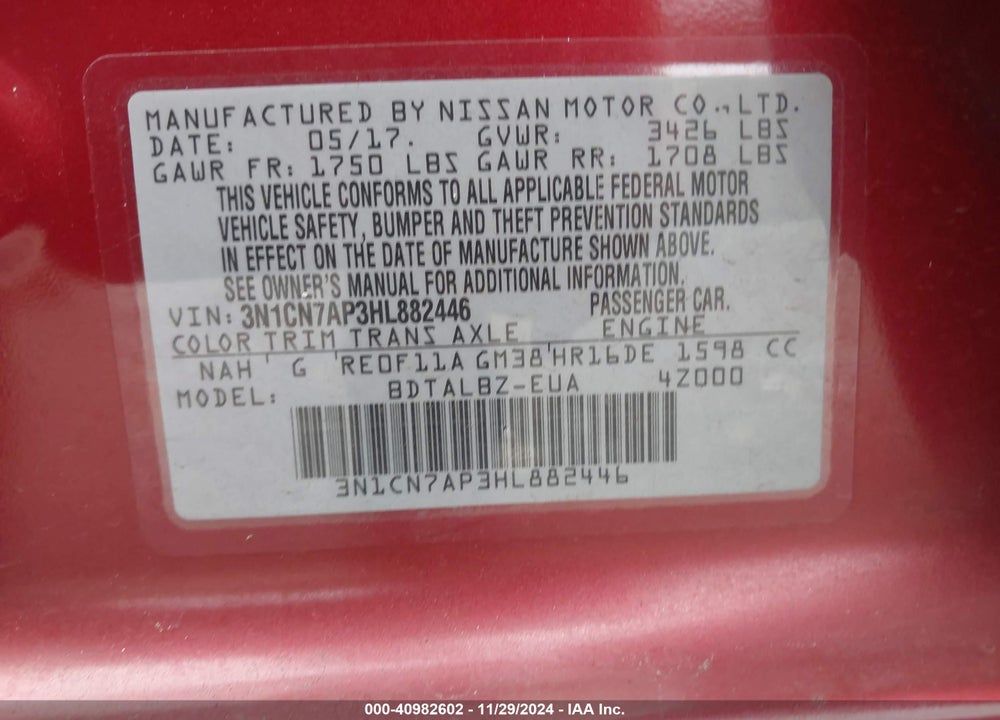2017 NISSAN VERSA 1.6 SV VIN: 3N1CN7AP3HL882446