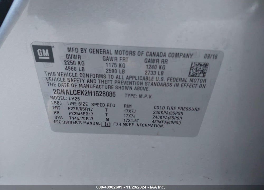 2017 CHEVROLET EQUINOX LT VIN: 2GNALCEK2H1528086