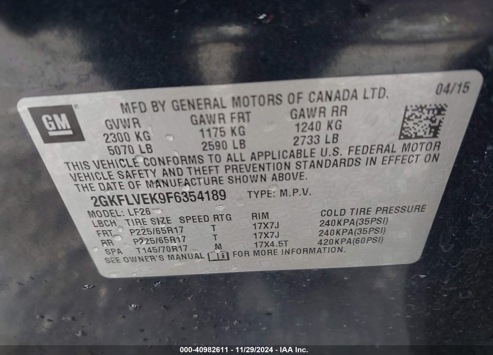 2015 GMC TERRAIN SLE-1 VIN: 2GKFLVEK9F6354189