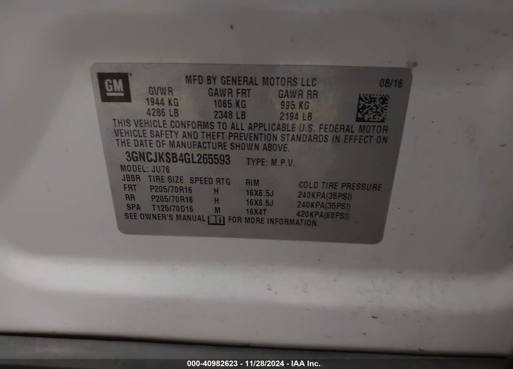 2016 CHEVROLET TRAX 1LS VIN: 3GNCJKSB4GL265593