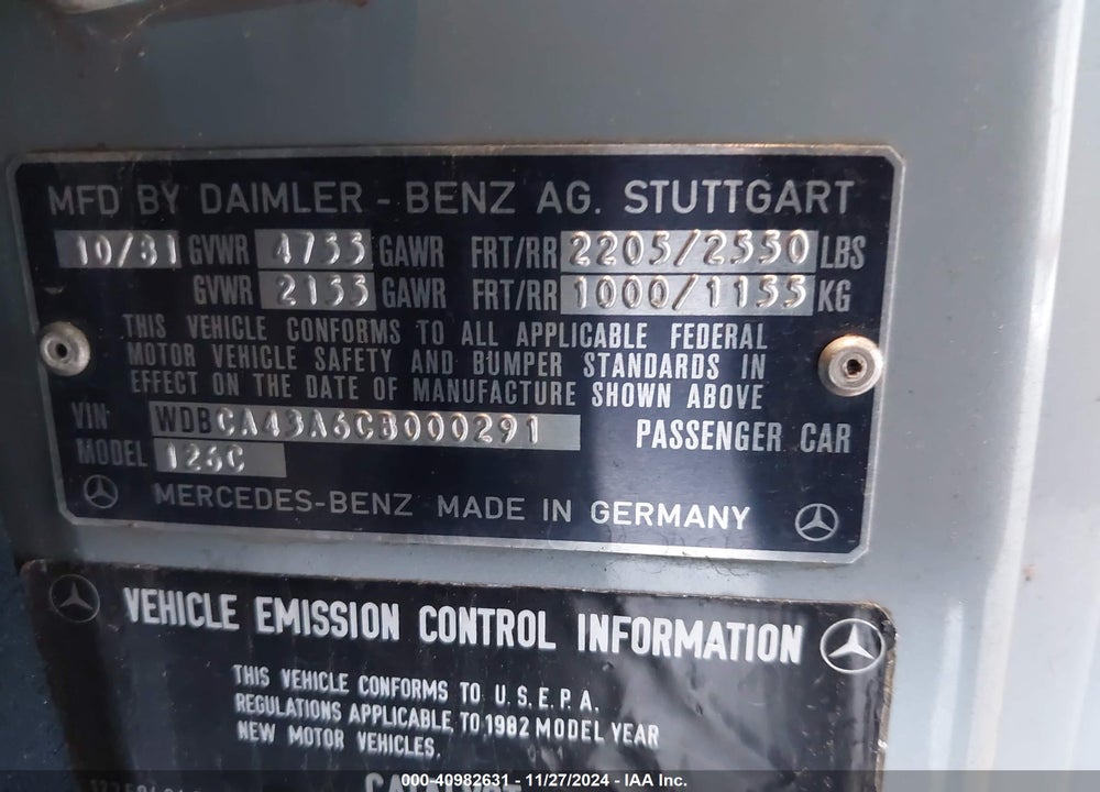1982 MERCEDES-BENZ 380 SEC VIN: WDBCA43A6CB000291