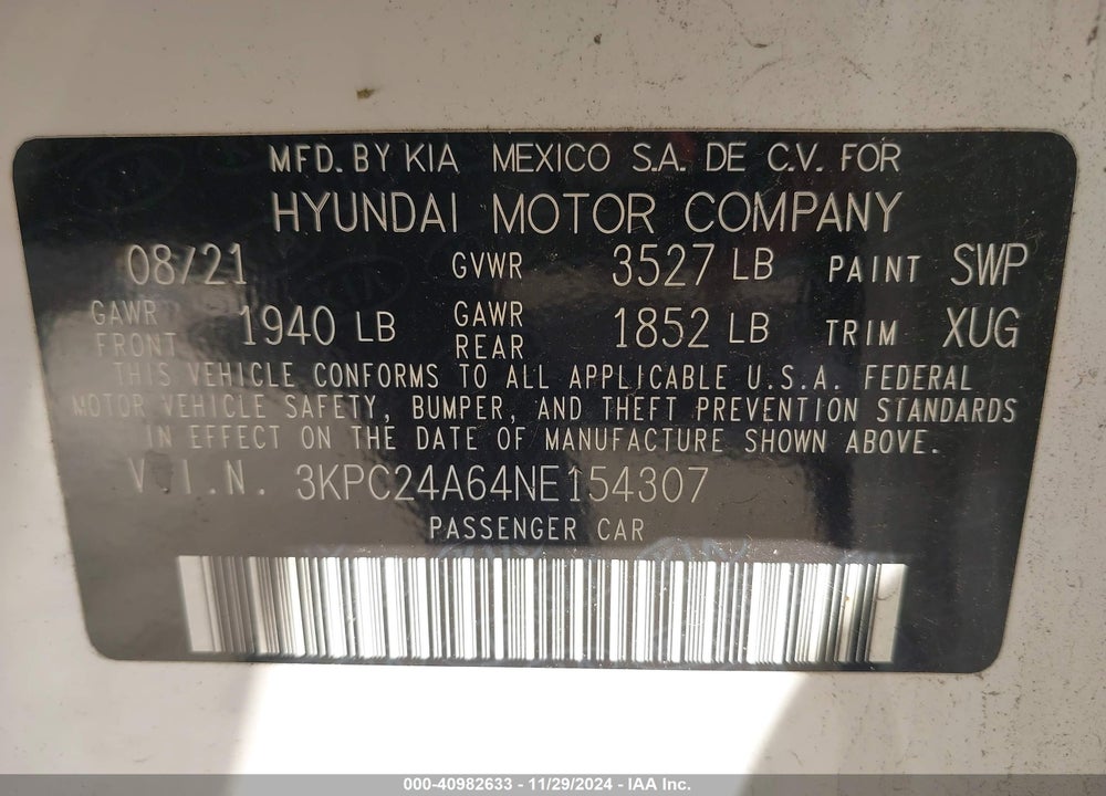 2022 HYUNDAI ACCENT SEL VIN: 3KPC24A64NE154307