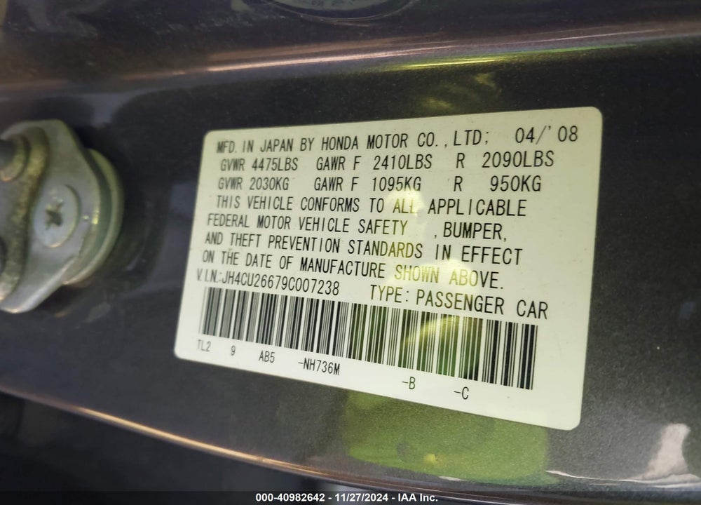 2009 ACURA TSX VIN: JH4CU26679C007238