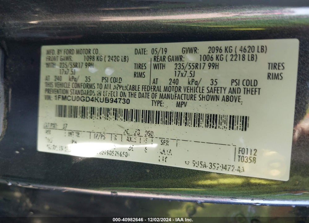 2019 FORD ESCAPE SE VIN: 1FMCU0GD4KUB94730