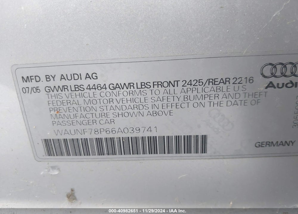 2006 AUDI A3 2.0T VIN: WAUNF78P66A039741