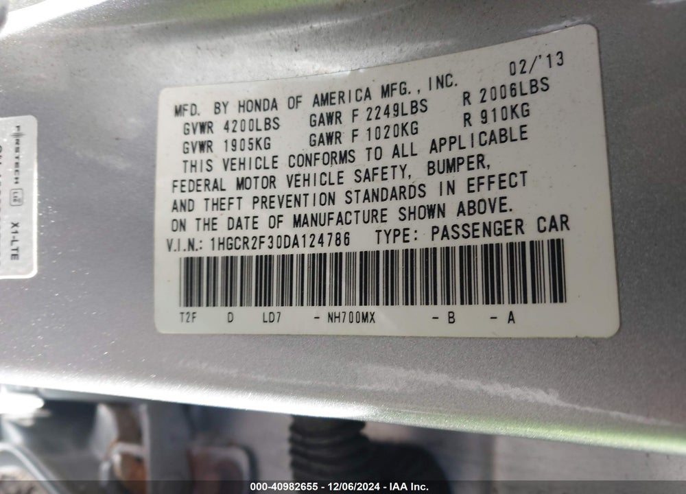 2013 HONDA ACCORD LX VIN: 1HGCR2F30DA124786