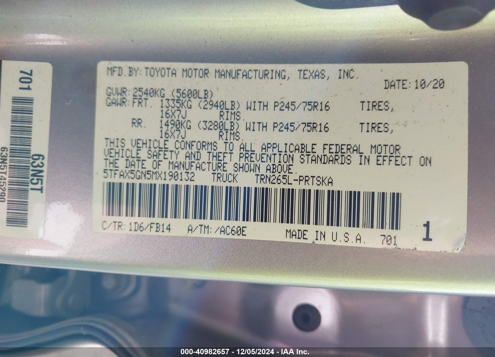 2021 TOYOTA TACOMA SR VIN: 5TFAX5GN5MX190132