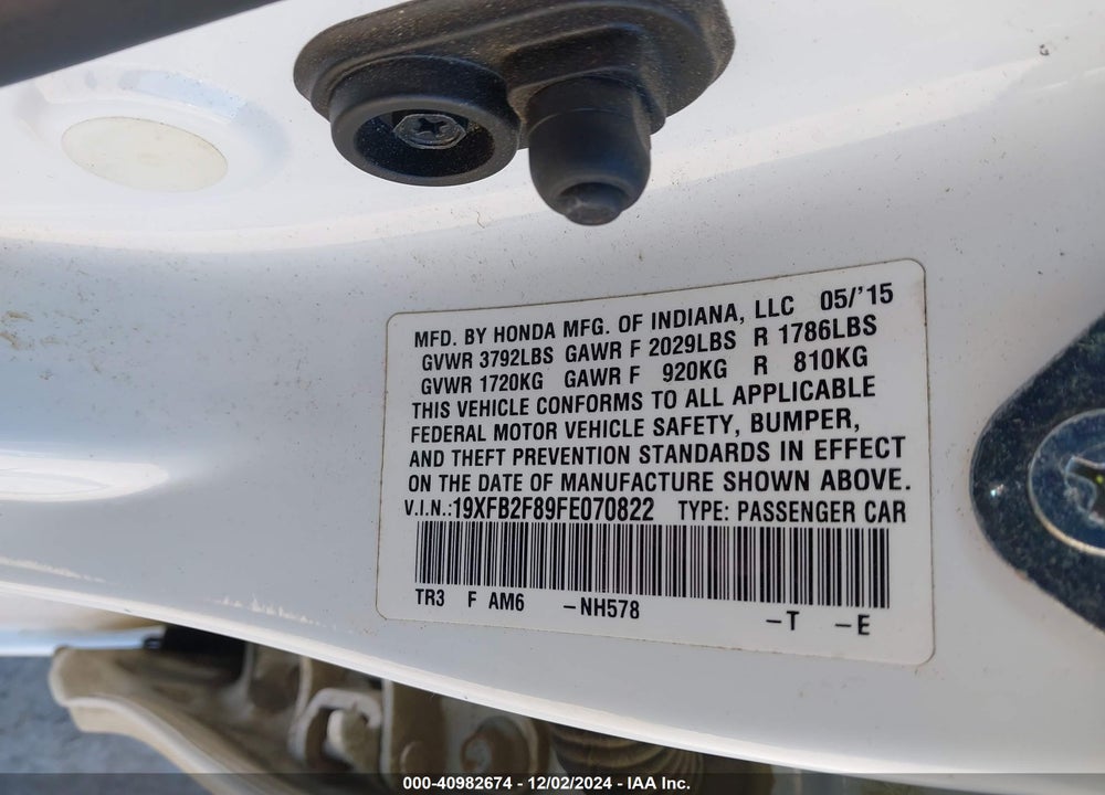 2015 HONDA CIVIC EX VIN: 19XFB2F89FE070822