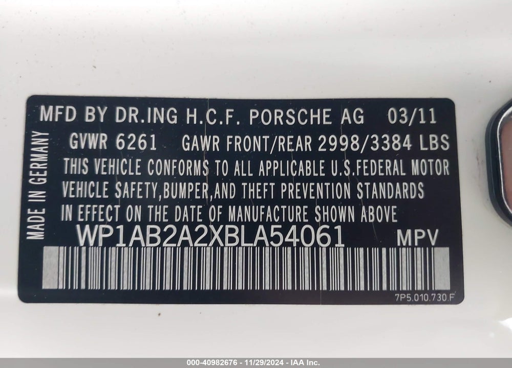 2011 PORSCHE CAYENNE S VIN: WP1AB2A2XBLA54061