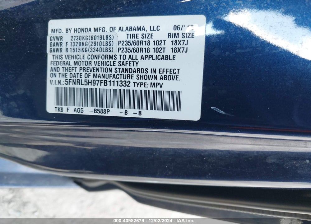 2015 HONDA ODYSSEY TOURING/TOURING ELITE VIN: 5FNRL5H97FB111332