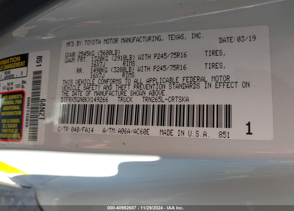 2019 TOYOTA TACOMA VIN: 5TFRX5GN8KX149266
