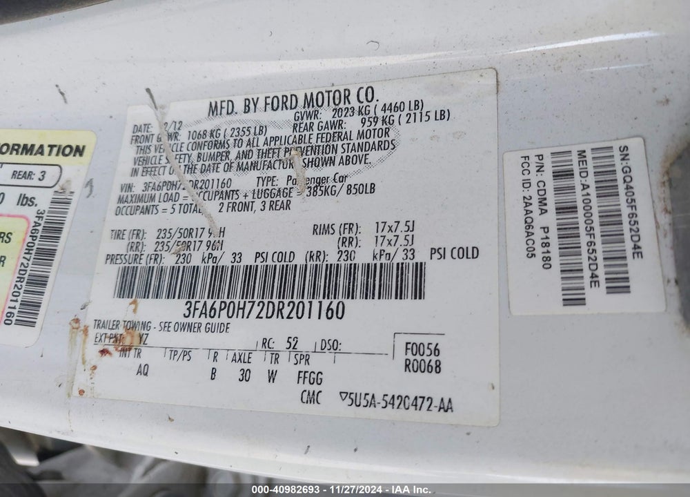 2013 FORD FUSION SE VIN: 3FA6P0H72DR201160