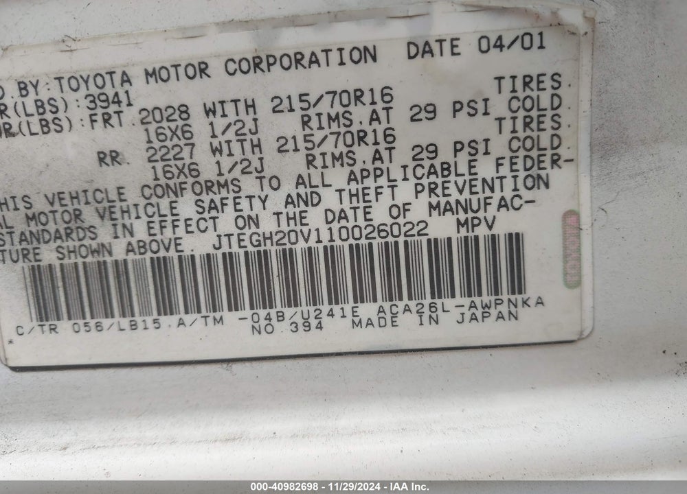 2001 TOYOTA RAV4 VIN: JTEGH20V110026022