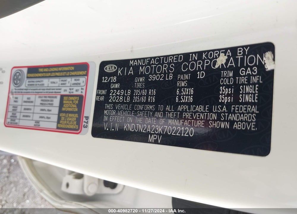 2019 KIA SOUL VIN: KNDJN2A23K7022120