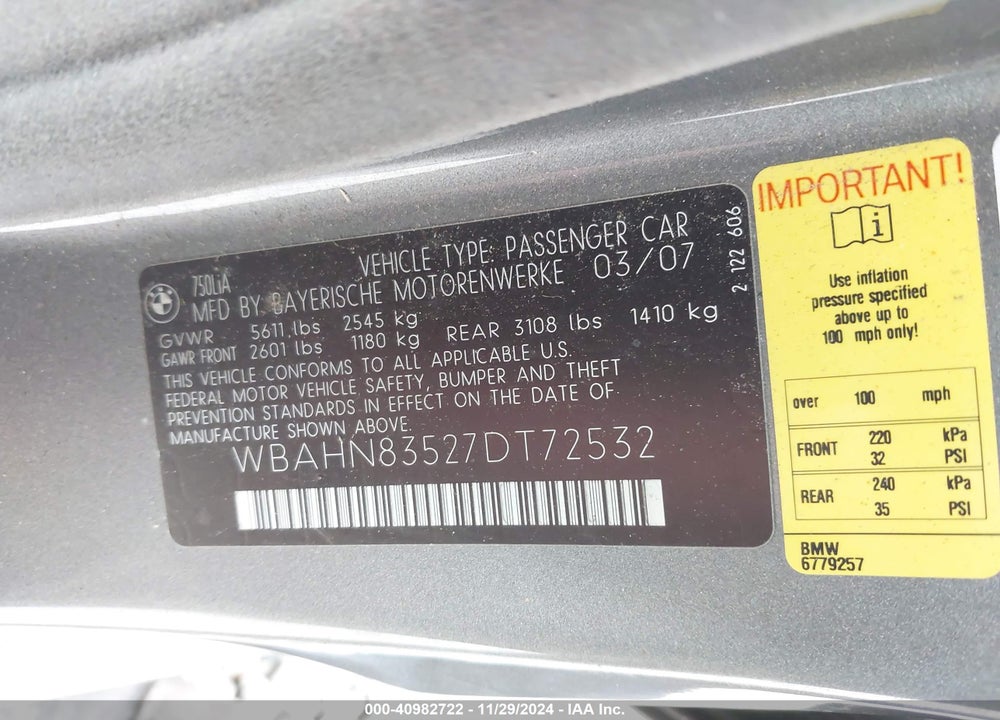 2007 BMW 750LI VIN: WBAHN83527DT72532