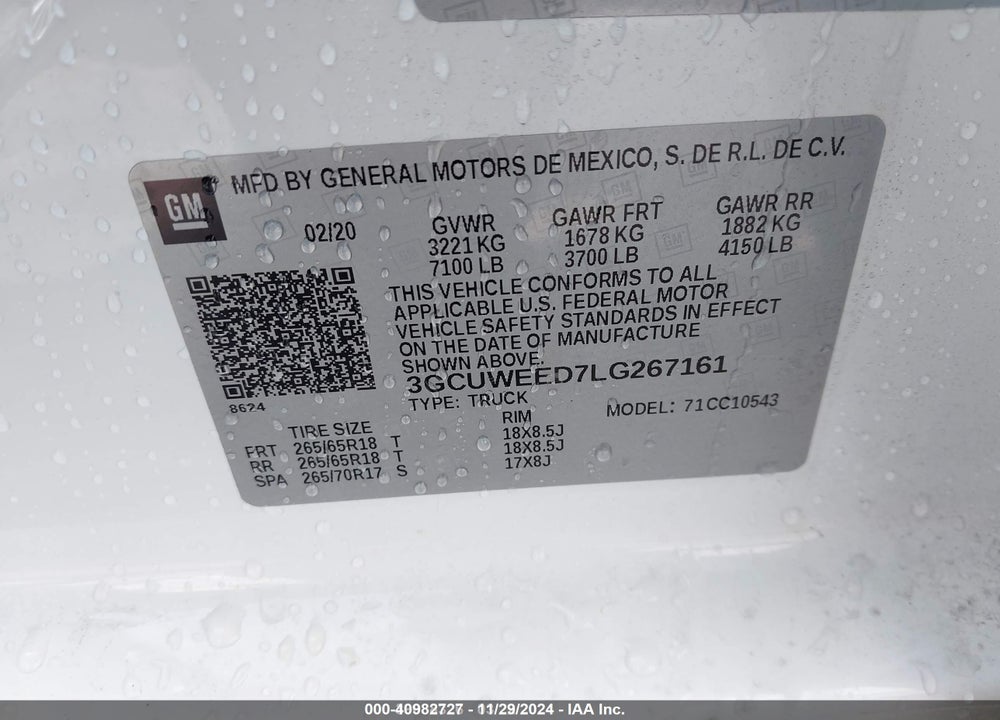 2020 CHEVROLET SILVERADO 1500 VIN: 3GCUWEED7LG267161