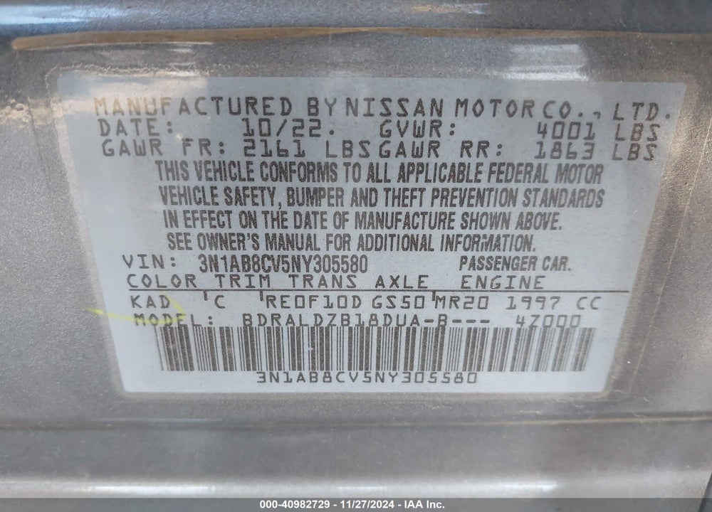 2022 NISSAN SENTRA VIN: 3N1AB8CV5NY305580