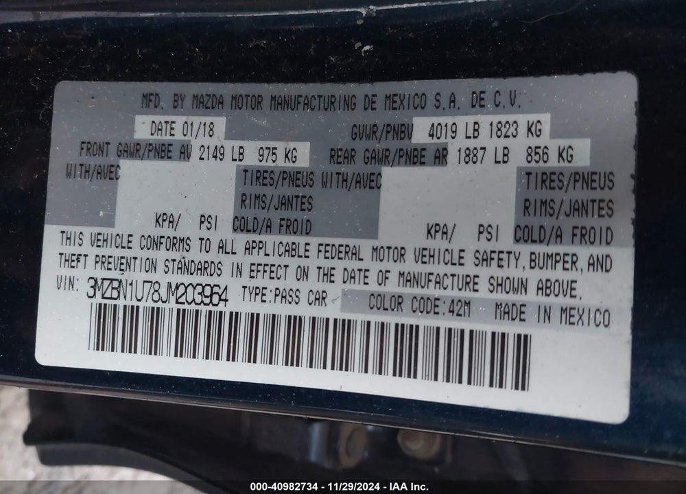 2018 MAZDA MAZDA3 VIN: 3MZBN1U78JM203964