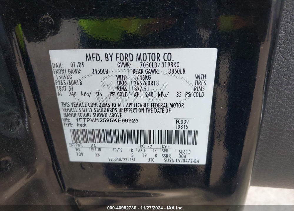 2005 FORD F-150 LARIAT/XLT VIN: 1FTPW12595KE96925