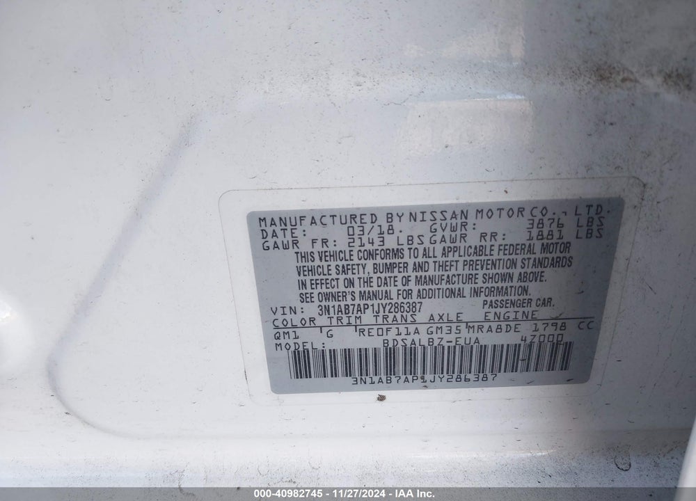 2018 NISSAN SENTRA S VIN: 3N1AB7AP1JY286387