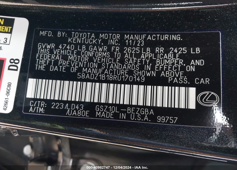 2024 LEXUS ES 350 VIN: 58ADZ1B18RU170149