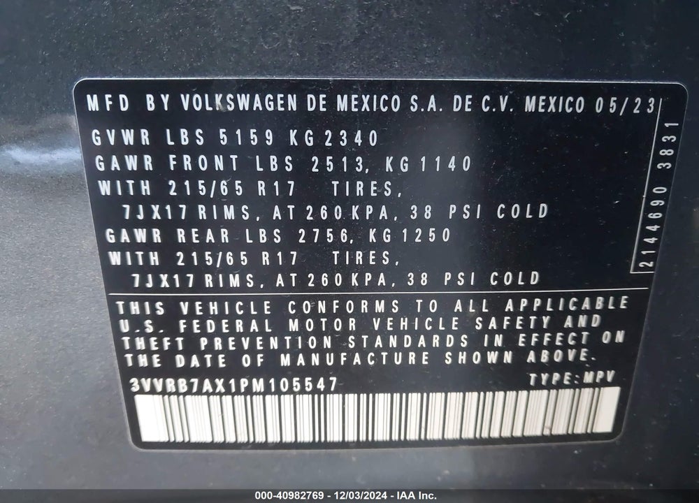 2023 VOLKSWAGEN TIGUAN 2.0T S VIN: 3VVRB7AX1PM105547
